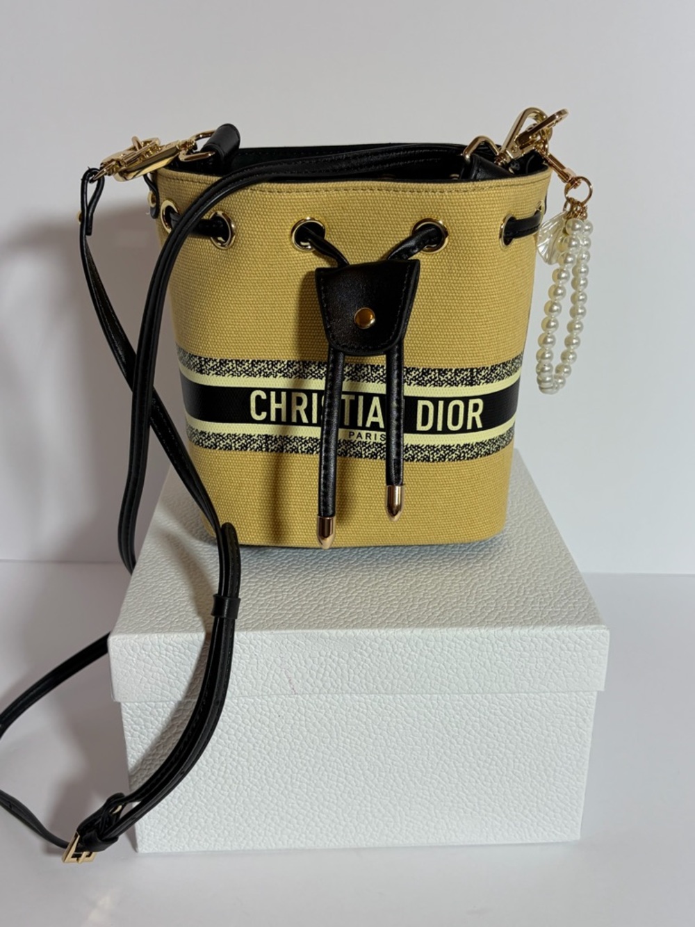 Dior Canvas Bucket Crossbody with Black Trim & Pearl Charm VIP GIFT